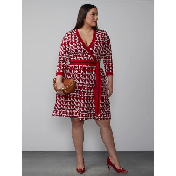 NWT NY & Co Womens Red Houndstooth Knit Dress Size XL Old Money Preppy Workwear - Picture 1 of 12